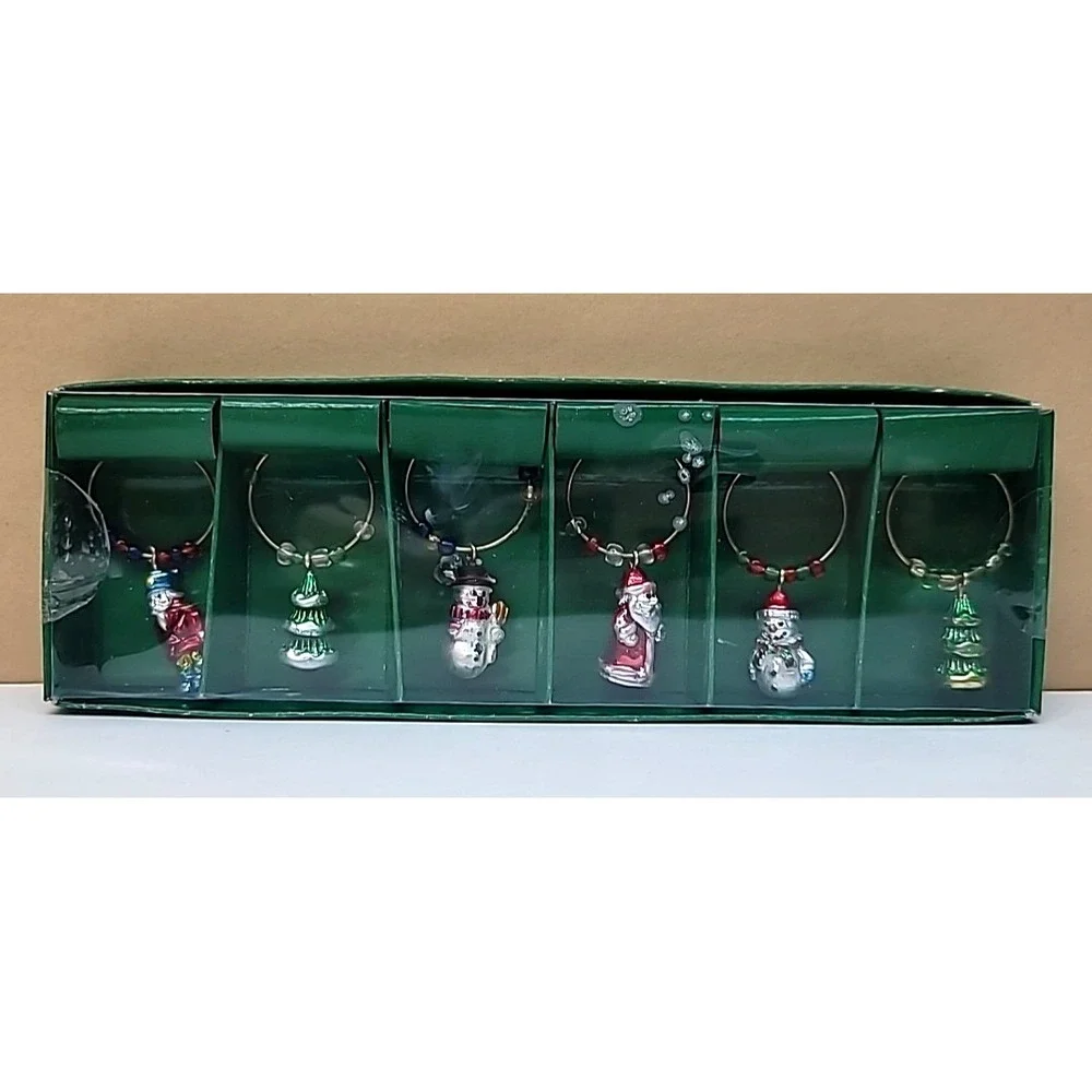 Boston Warehouse 6 pc Christmas Wine Glass Markers/Charms-Tree/Snowman/Santa